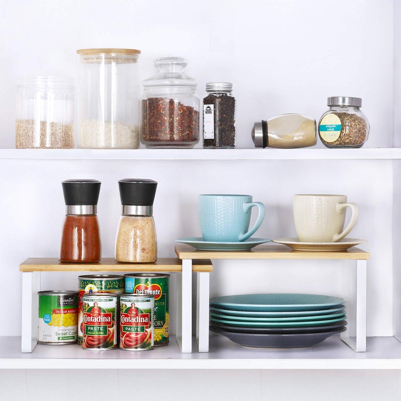 NEX MOOACE Bamboo Kitchen Cabinet and Counter Shelf Organizer, Stackable & Expandable, Set of 4, White and Natural - Image 4